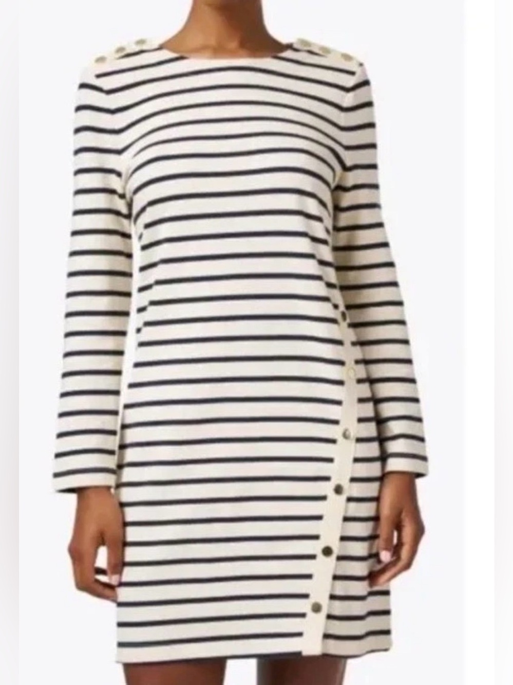 Veronica Beard Ruta Striped Snap Knit Mini Dress Off-White Navy Gold Small